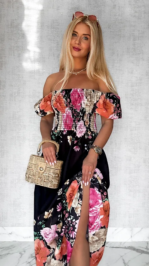 Czarna MAXI lniana sukienka hiszpanka w kwiaty ONE SIZE - P743B