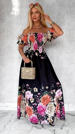Czarna MAXI lniana sukienka hiszpanka w kwiaty ONE SIZE - P743B