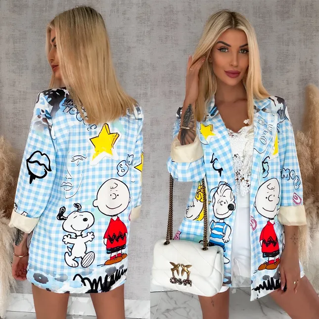 Stylowa marynarka z bajkowym motywem w niebieską kratkę OVERSIZE - R890