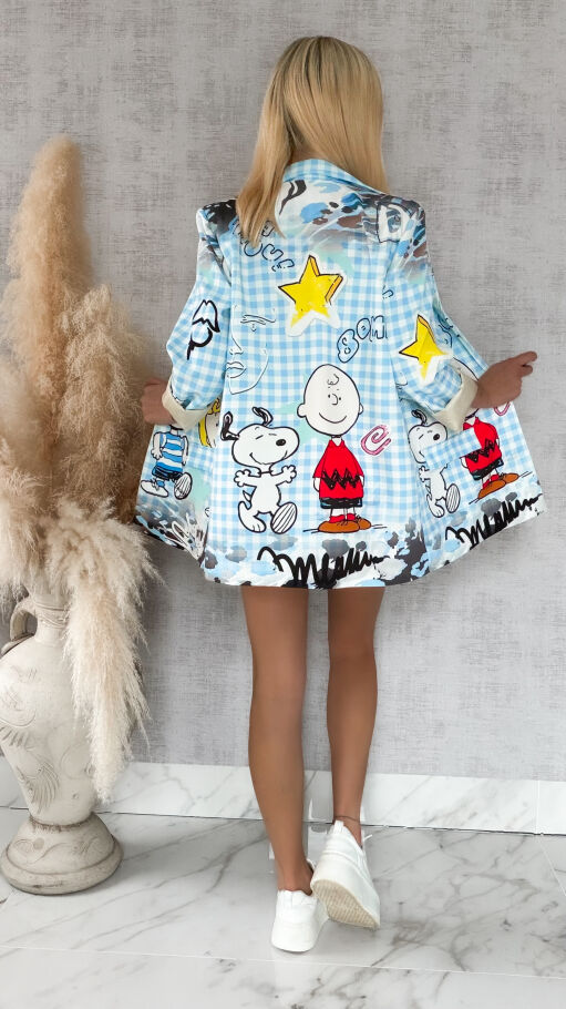 Stylowa marynarka z bajkowym motywem w niebieską kratkę OVERSIZE - R890