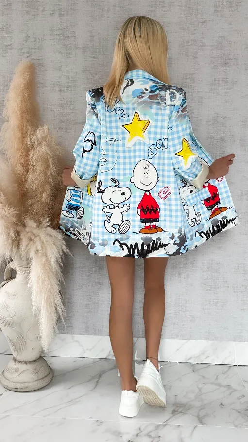 Stylowa marynarka z bajkowym motywem w niebieską kratkę OVERSIZE - R890
