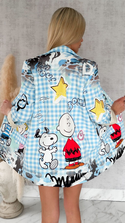 Stylowa marynarka z bajkowym motywem w niebieską kratkę OVERSIZE - R890