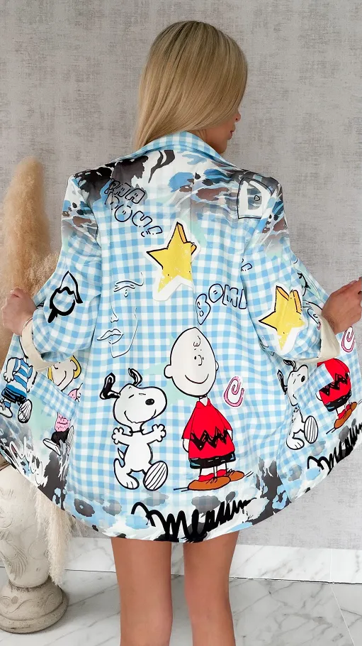 Stylowa marynarka z bajkowym motywem w niebieską kratkę OVERSIZE - R890