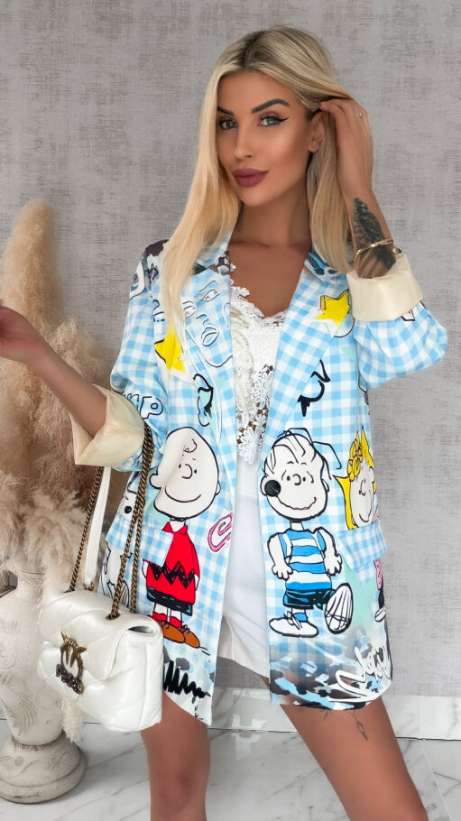 Stylowa marynarka z bajkowym motywem w niebieską kratkę OVERSIZE - R890