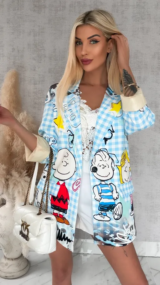 Stylowa marynarka z bajkowym motywem w niebieską kratkę OVERSIZE - R890