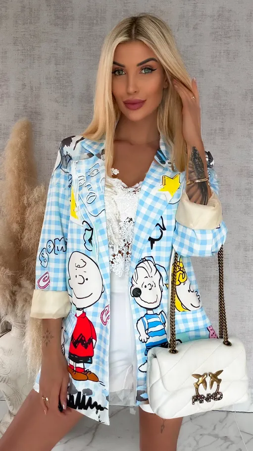 Stylowa marynarka z bajkowym motywem w niebieską kratkę OVERSIZE - R890