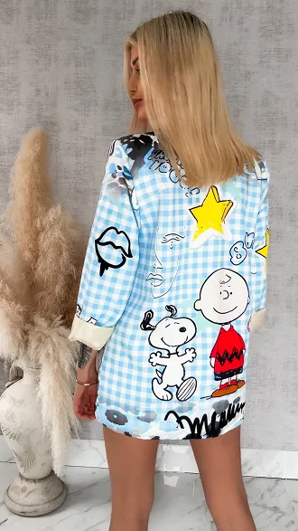 Stylowa marynarka z bajkowym motywem w niebieską kratkę OVERSIZE - R890