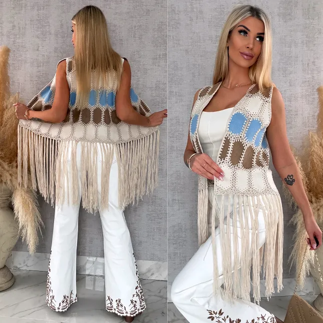Oryginalna zamszowa BOHO kamizelka z frędzlami ONE SIZE - R685