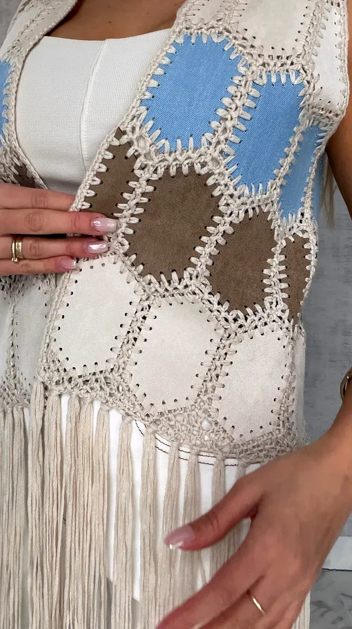 Oryginalna zamszowa BOHO kamizelka z frędzlami ONE SIZE - R685