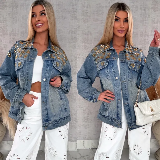 Wyjątkowa katana jeansowa zdobiona złotymi kwiatami DENIM BLUE - R720