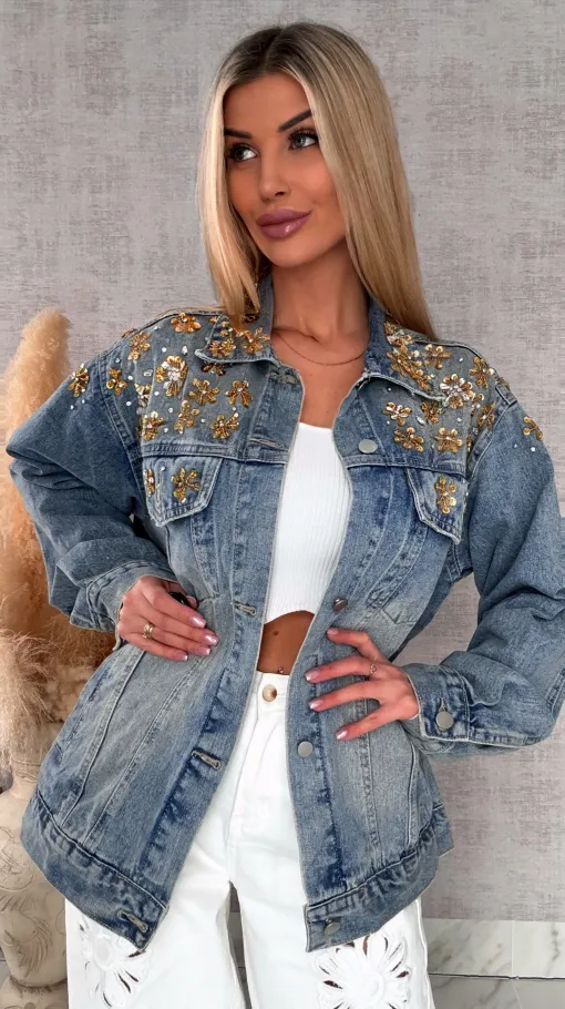 Wyjątkowa katana jeansowa zdobiona złotymi kwiatami DENIM BLUE - R720