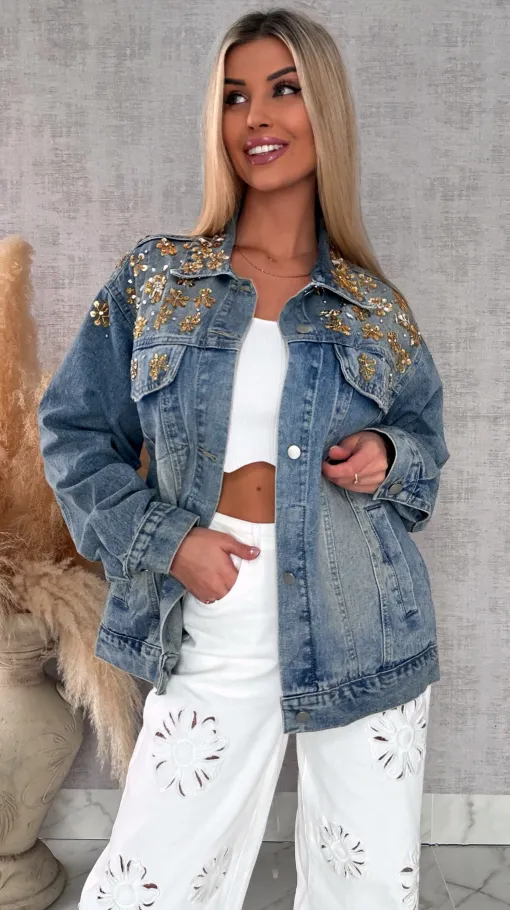 Wyjątkowa katana jeansowa zdobiona złotymi kwiatami DENIM BLUE - R720