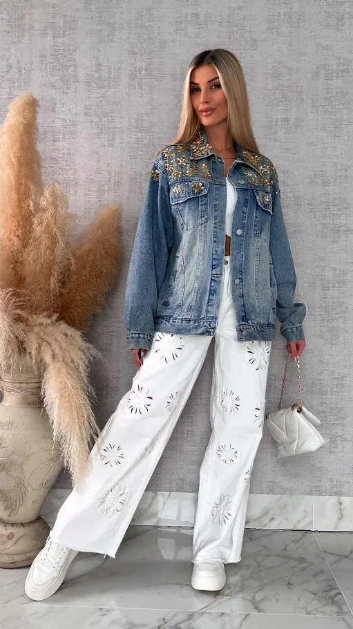 Wyjątkowa katana jeansowa zdobiona złotymi kwiatami DENIM BLUE - R720