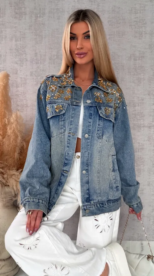 Wyjątkowa katana jeansowa zdobiona złotymi kwiatami DENIM BLUE - R720