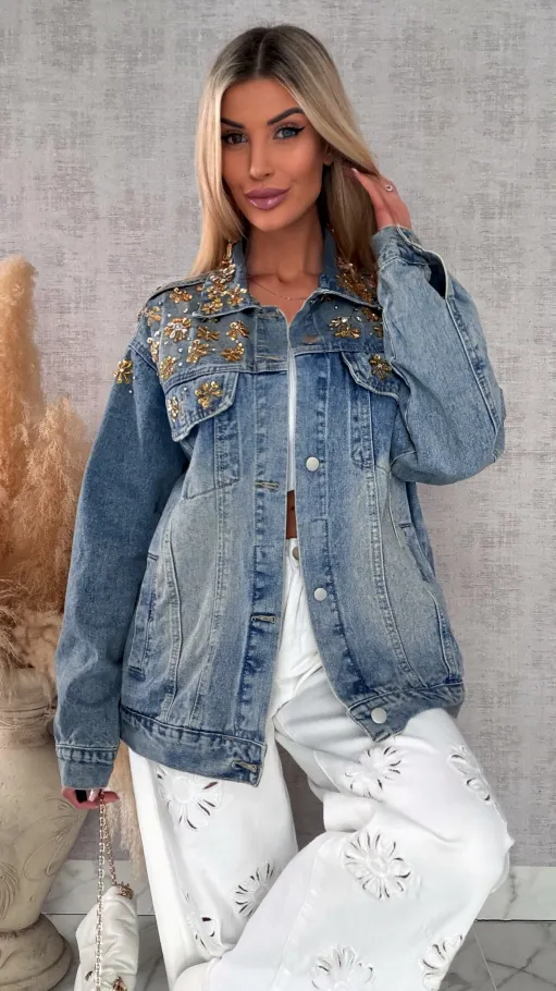 Wyjątkowa katana jeansowa zdobiona złotymi kwiatami DENIM BLUE - R720