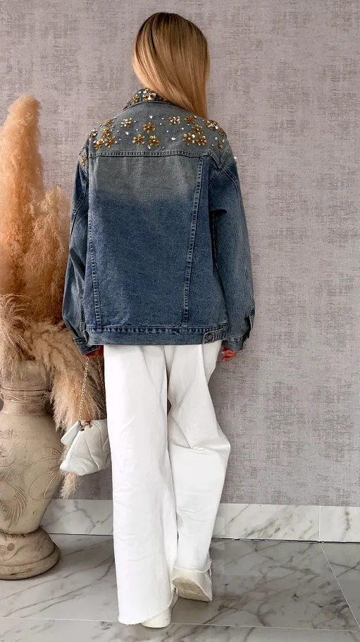 Wyjątkowa katana jeansowa zdobiona złotymi kwiatami DENIM BLUE - R720