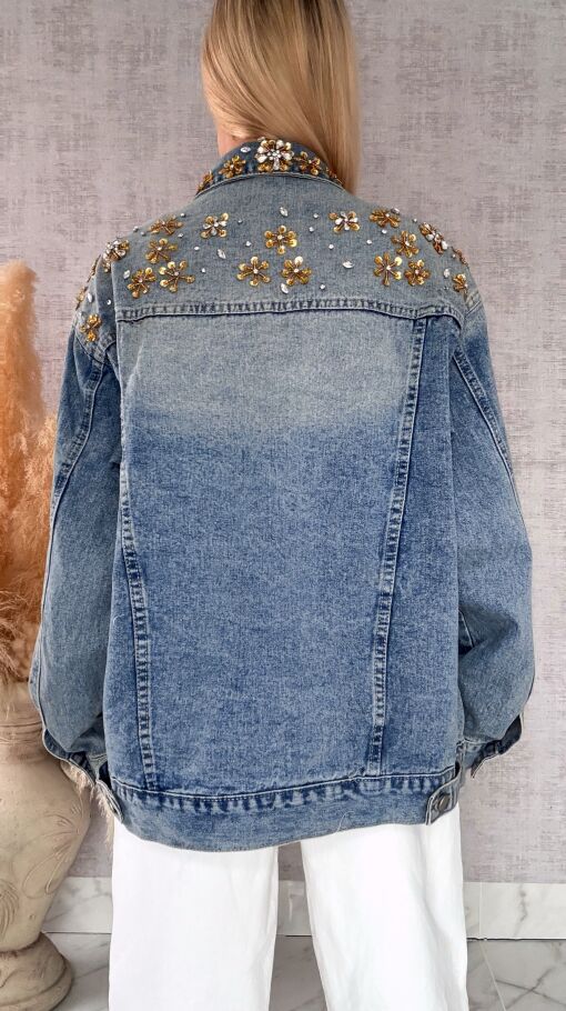 Wyjątkowa katana jeansowa zdobiona złotymi kwiatami DENIM BLUE - R720