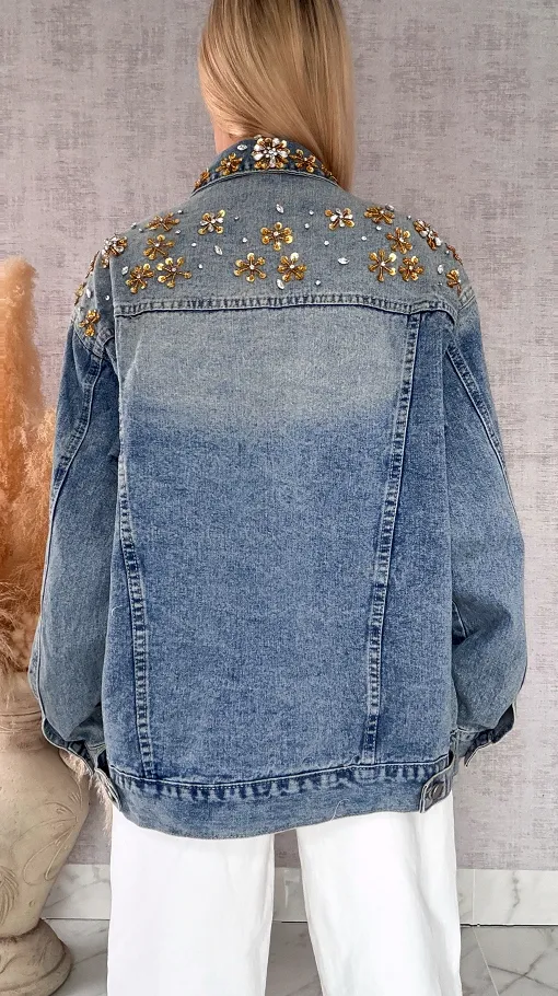 Wyjątkowa katana jeansowa zdobiona złotymi kwiatami DENIM BLUE - R720