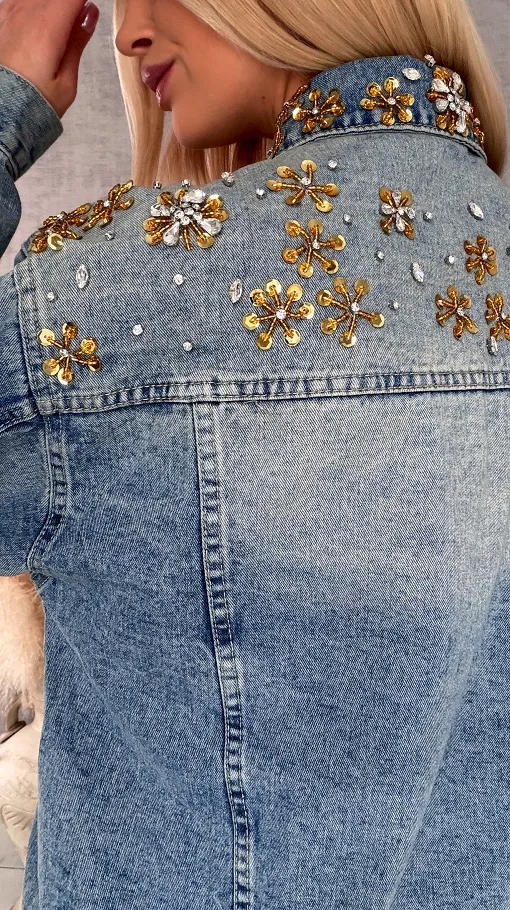 Wyjątkowa katana jeansowa zdobiona złotymi kwiatami DENIM BLUE - R720