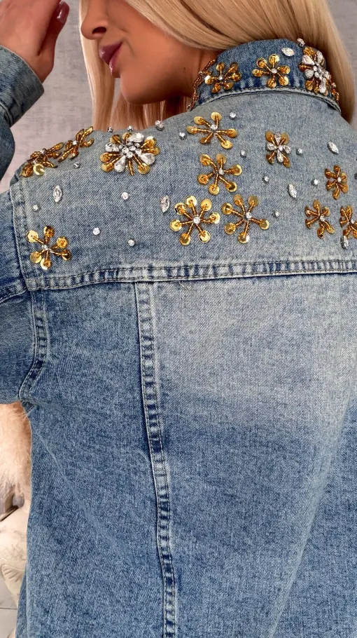 Wyjątkowa katana jeansowa zdobiona złotymi kwiatami DENIM BLUE - R720