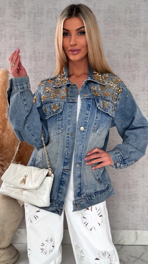 Wyjątkowa katana jeansowa zdobiona złotymi kwiatami DENIM BLUE - R720