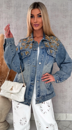 Wyjątkowa katana jeansowa zdobiona złotymi kwiatami DENIM BLUE - R720