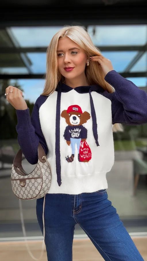 Sweter w stylu bluzy z misiem i kapturem GRANAT - R169A
