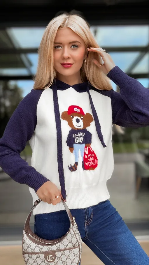 Sweter w stylu bluzy z misiem i kapturem GRANAT - R169A