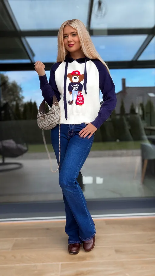 Sweter w stylu bluzy z misiem i kapturem GRANAT - R169A