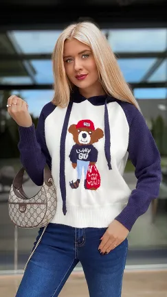 Sweter w stylu bluzy z misiem i kapturem GRANAT - R169A