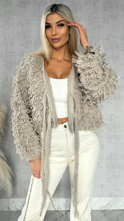 Modowy wiązany sweter MOP beżowy ONE SIZE - R569A