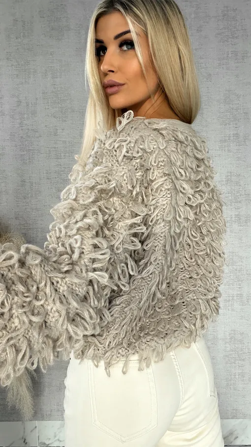 Modowy wiązany sweter MOP beżowy ONE SIZE - R569A