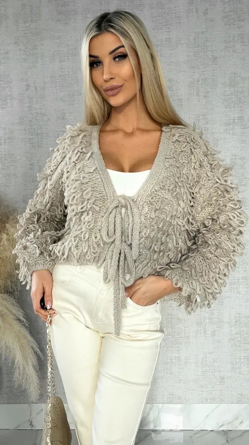 Modowy wiązany sweter MOP beżowy ONE SIZE - R569A