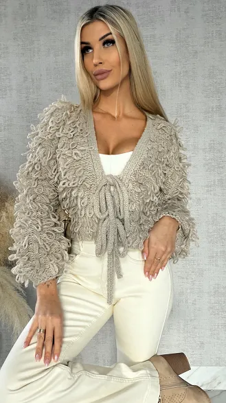 Modowy wiązany sweter MOP beżowy ONE SIZE - R569A