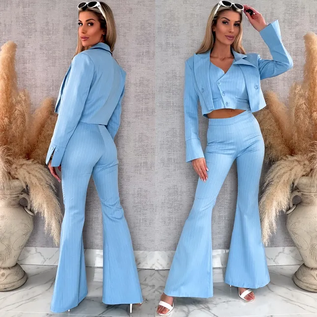 Elegancki niebieski komplet w paski 3w1 żakiet + kamizelka + spodnie - R490C