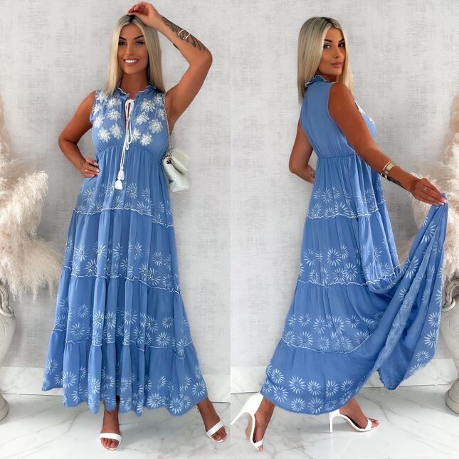Długa niebieska boho sukienka na lato 100% z wiskozy - S246