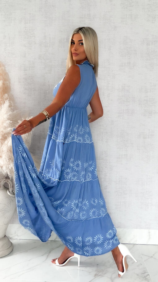 Długa niebieska boho sukienka na lato 100% z wiskozy - S246