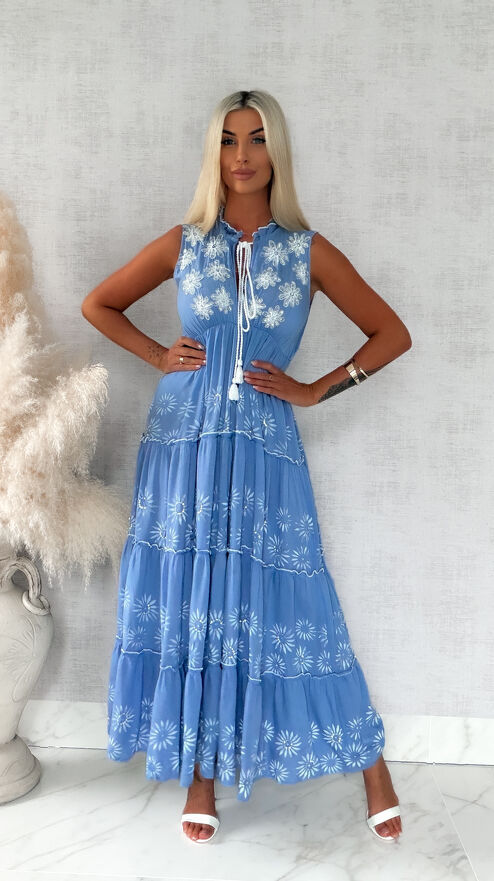Długa niebieska boho sukienka na lato 100% z wiskozy - S246