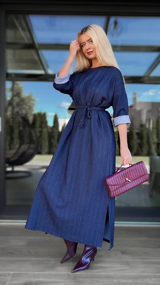 Elastyczna jeansowa MAXI sukienka z rozcięciami i wiązaniem ONE SIZE - R084