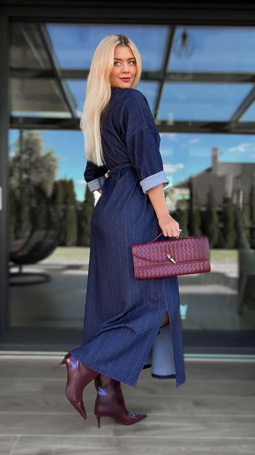 Elastyczna jeansowa MAXI sukienka z rozcięciami i wiązaniem ONE SIZE - R084