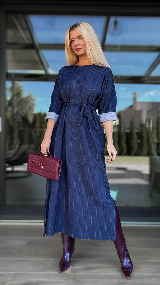 Elastyczna jeansowa MAXI sukienka z rozcięciami i wiązaniem ONE SIZE - R084
