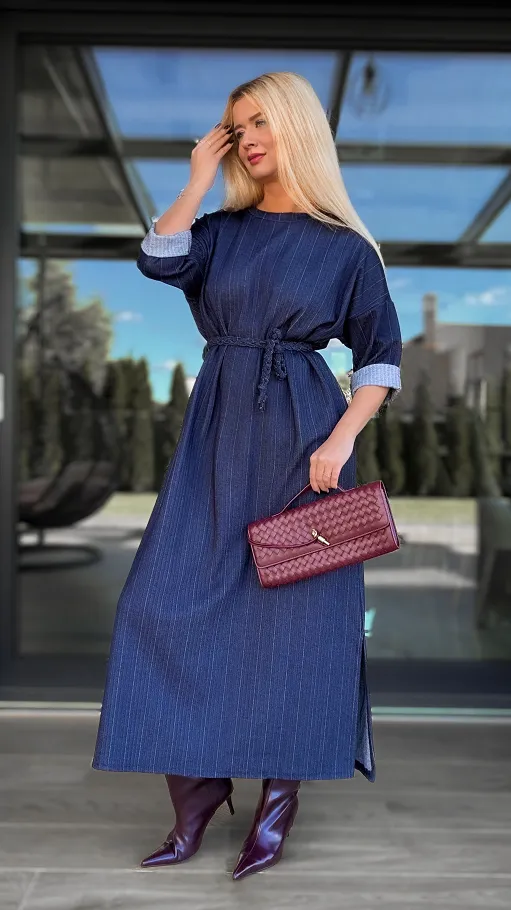 Elastyczna jeansowa MAXI sukienka z rozcięciami i wiązaniem ONE SIZE - R084