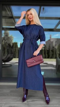 Elastyczna jeansowa MAXI sukienka z rozcięciami i wiązaniem ONE SIZE - R084