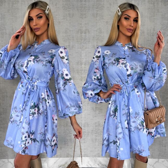 Piękna niebieska sukienka w kwiaty LEN - R480