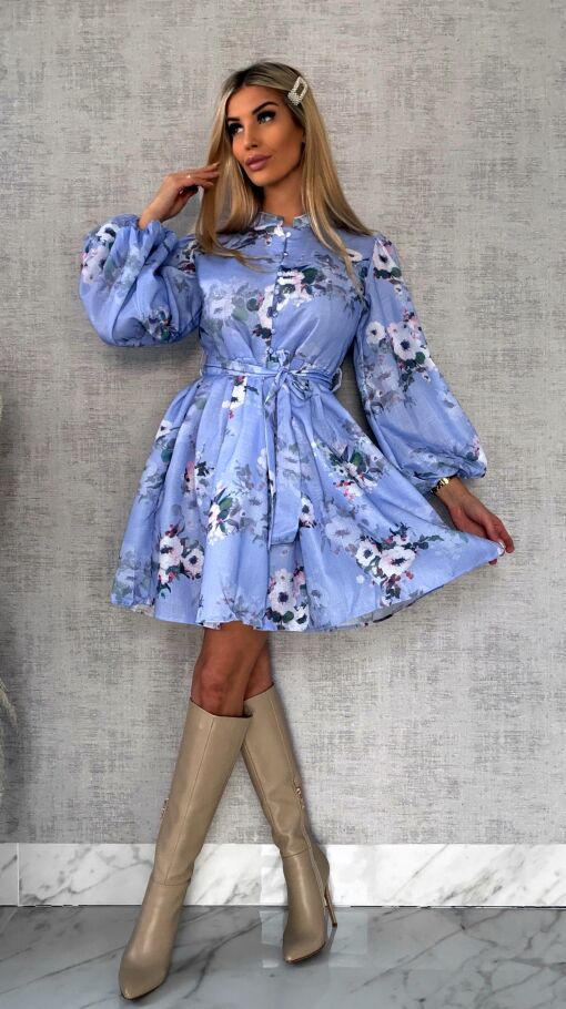 Piękna niebieska sukienka w kwiaty LEN - R480