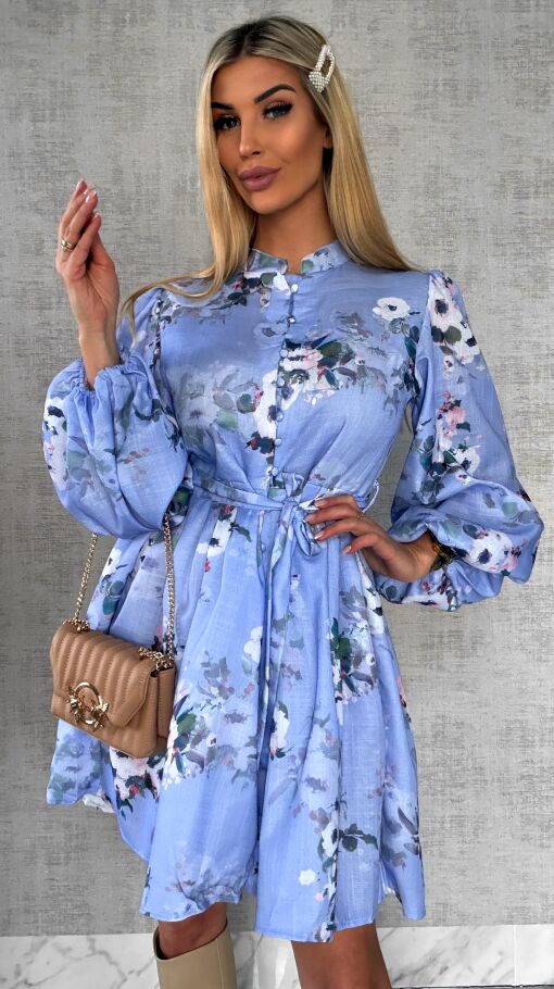 Piękna niebieska sukienka w kwiaty LEN - R480