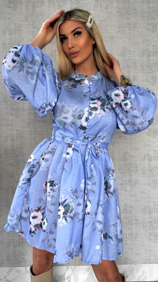 Piękna niebieska sukienka w kwiaty LEN - R480