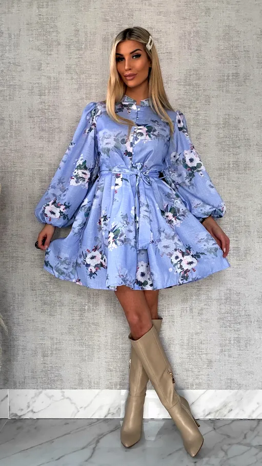 Piękna niebieska sukienka w kwiaty LEN - R480