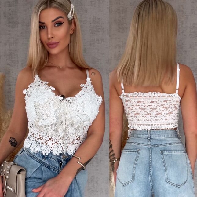 Ekstra koronkowy biały TOP usztywniany i zdobiony ONE SIZE - R756
