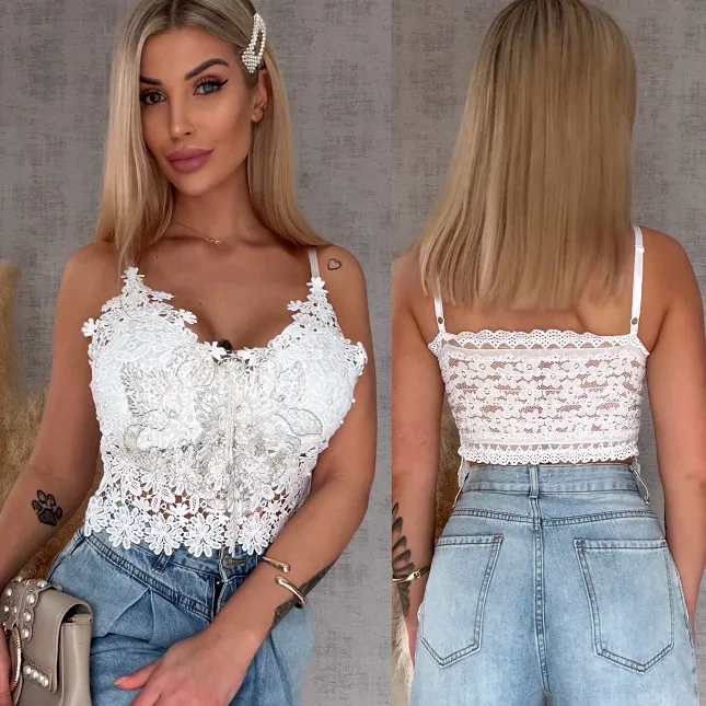 Ekstra koronkowy biały TOP usztywniany i zdobiony ONE SIZE - R756